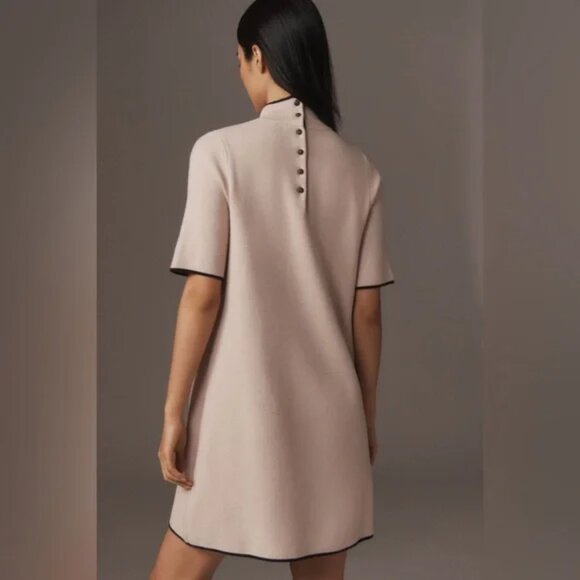 Anthropologie Annalise Mock-Neck Mini Sweater Dress by Maeve Creme/Black Medium - Picture 3 of 14
